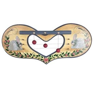 Wooden Heart Shaped Door Harp Bunny Flowers‎ Hand Paint Chime 19" Length Cottage